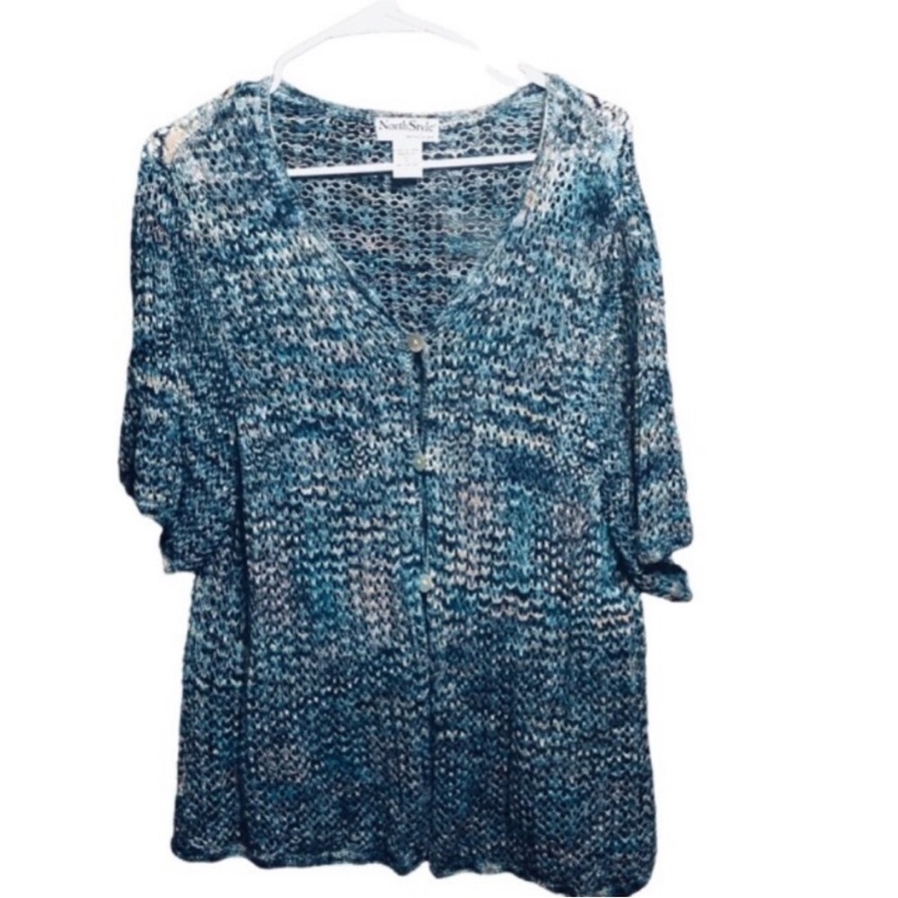 NorthStyle BLUE And WHITE Stylish Button Front CARDIGAN Sweater Size 1X